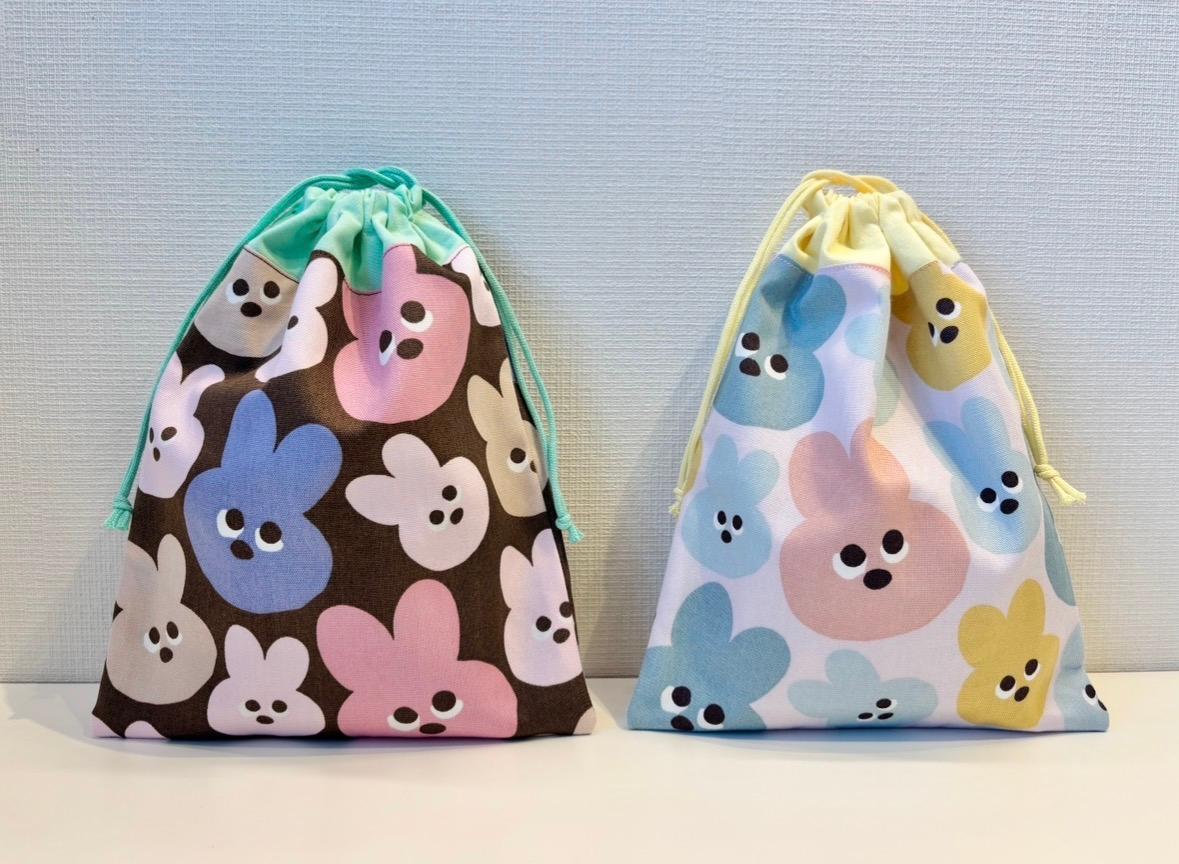 給食袋　カラフル うさぎ　ピンク&ブラウン（入園入学 巾着 きんちゃく メロウフレンズ 動物 ウサギ ）