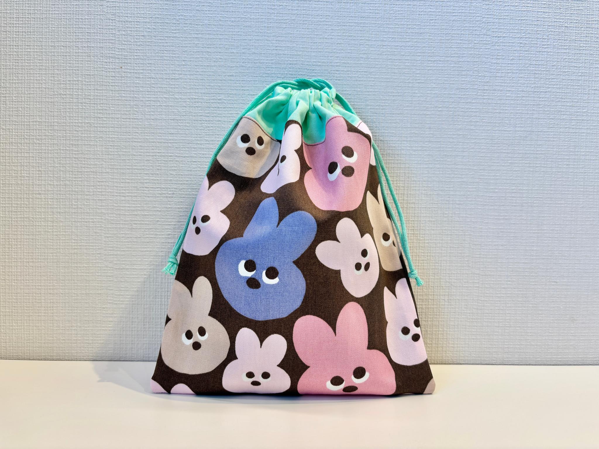 給食袋　カラフル うさぎ　ピンク&ブラウン（入園入学 巾着 きんちゃく メロウフレンズ 動物 ウサギ ） | 2枚目