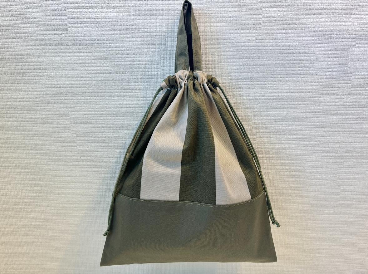 お着替え袋 & 給食袋　ストライプ　カーキ×ベージュ（巾着 体操服入れ 上履き入れ 巾着） | 2枚目
