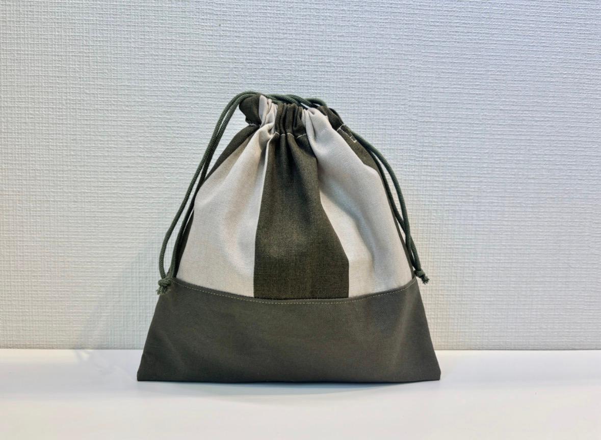 お着替え袋 & 給食袋　ストライプ　カーキ×ベージュ（巾着 体操服入れ 上履き入れ 巾着） | 5枚目