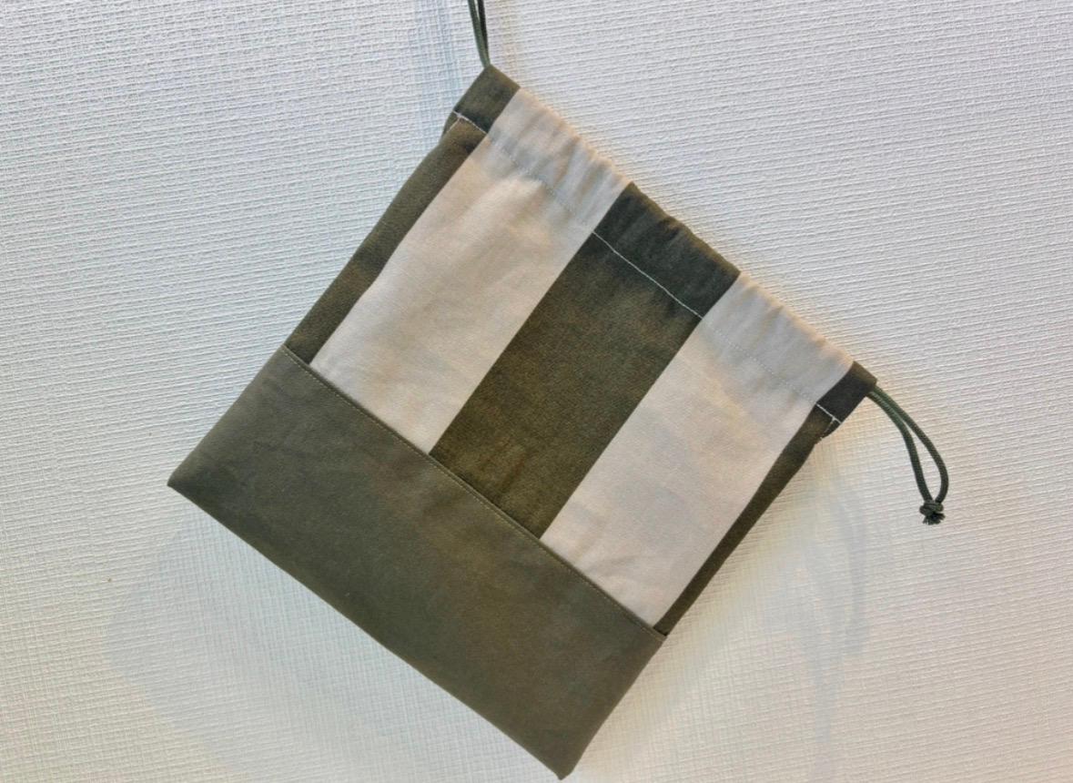 お着替え袋 & 給食袋　ストライプ　カーキ×ベージュ（巾着 体操服入れ 上履き入れ 巾着） | 6枚目
