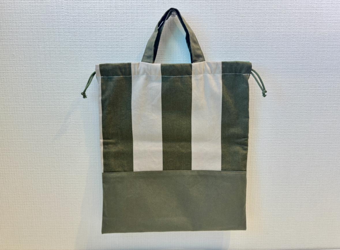 お着替え袋　ストライプ　カーキ×ベージュ（巾着 体操服入れ 上履き入れ） | 2枚目
