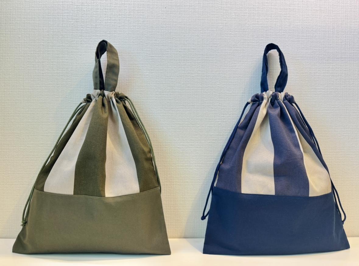 お着替え袋　ストライプ　カーキとネイビー２色セット（巾着 体操服入れ 上履き入れ）